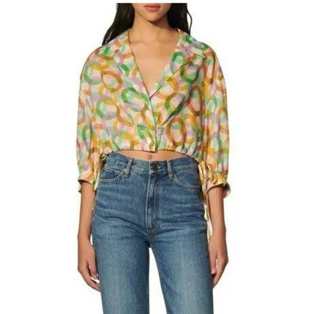 Sandro Paris Phillipine Circle Print Cropped Blouse Linen Silk Sz 8 Medium $340